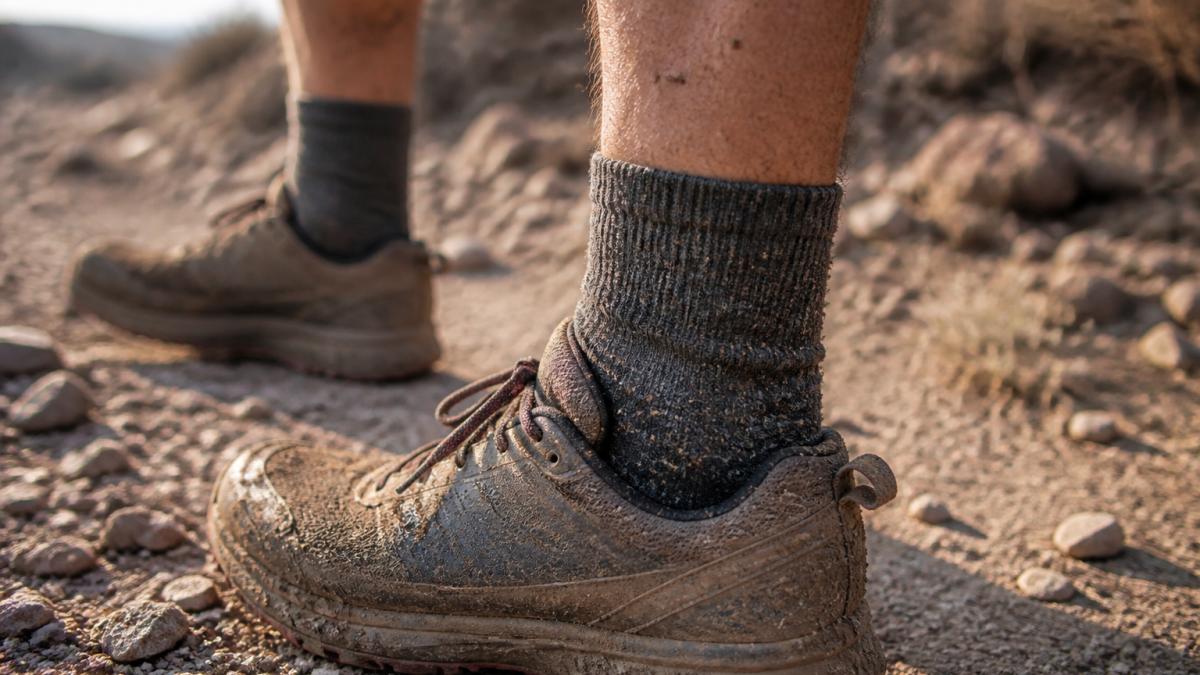 Diagram illustrating how high-cuff socks seal out trail debris during runs on rocky, dusty terrain.