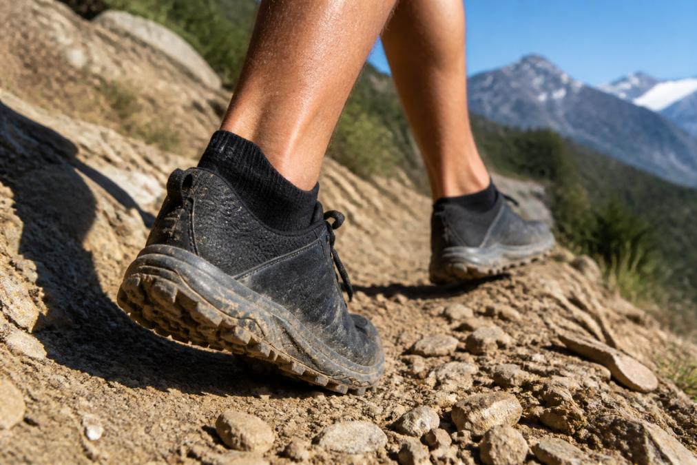 Close-up of a trail runner's feet wearing low-cut athletic socks on a rocky mountain trail, with visible trail debris and loose gravel on the path, shot in bright afternoon sunlight