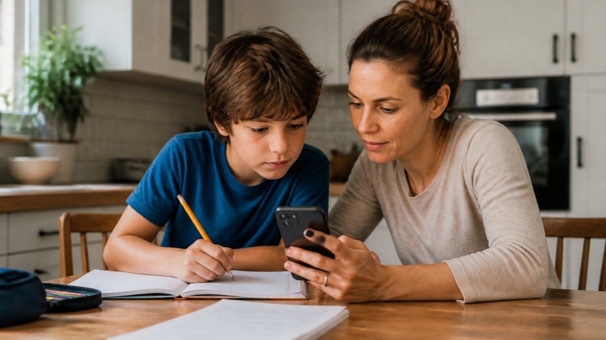 A parent and child sitting at a kitchen table, looking at a smartphone together while working on homework, warm natural light, relaxed and focused atmosphere