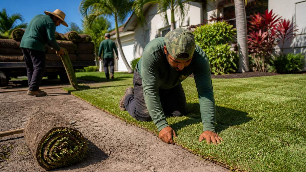A landscaping crew laying fresh sod rolls on prepared soil in a residential yard, one worker kneeling to press pieces tightly together under bright Florida sun