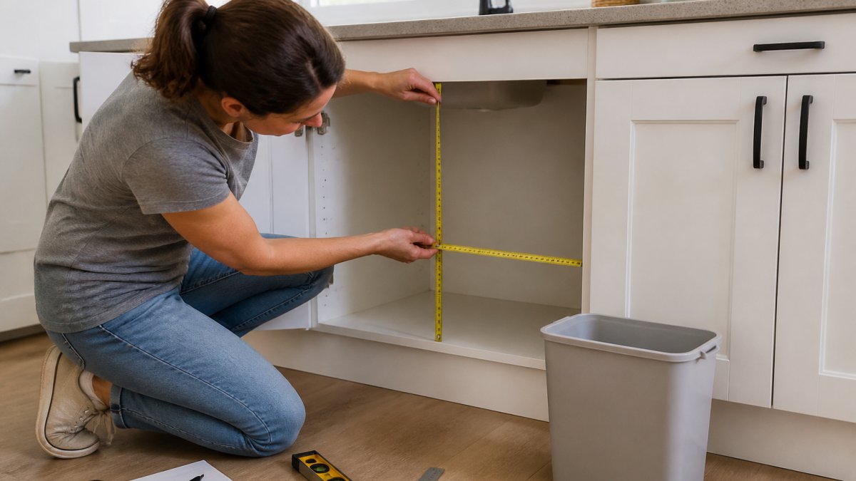 A person kneeling beside a lower kitchen cabinet with a tape measure, measuring the width and height of the open space where a compact trash can will sit, a small rectangular bin resting on the floor nearby, soft daylight from a window