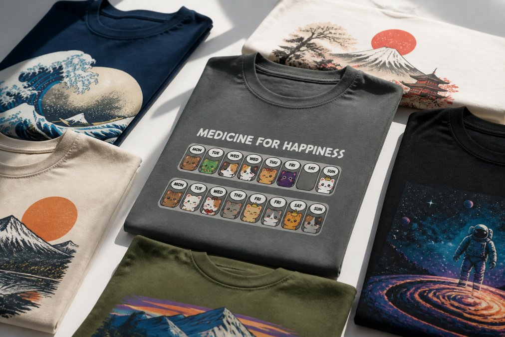 Close-up flat lay of several folded graphic t-shirts in different colors arranged on a clean white surface, soft natural window light highlighting the fabric texture and printed graphic detail on each shirt