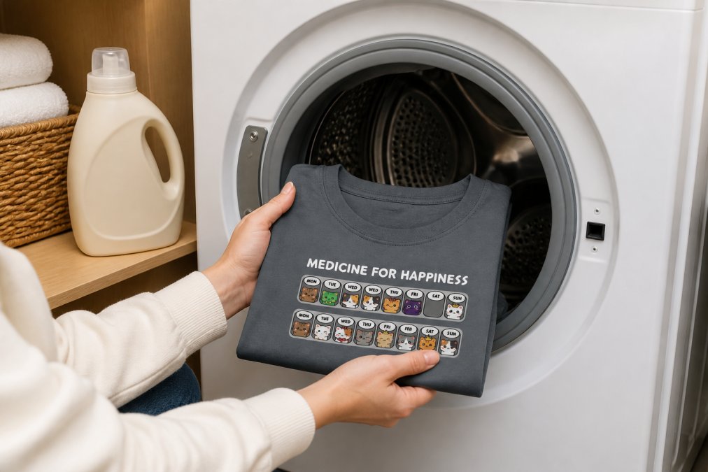 Hands gently placing a neatly folded graphic t-shirt into a front-loading washing machine drum, with a bottle of gentle laundry detergent visible on a nearby shelf, warm indoor lighting