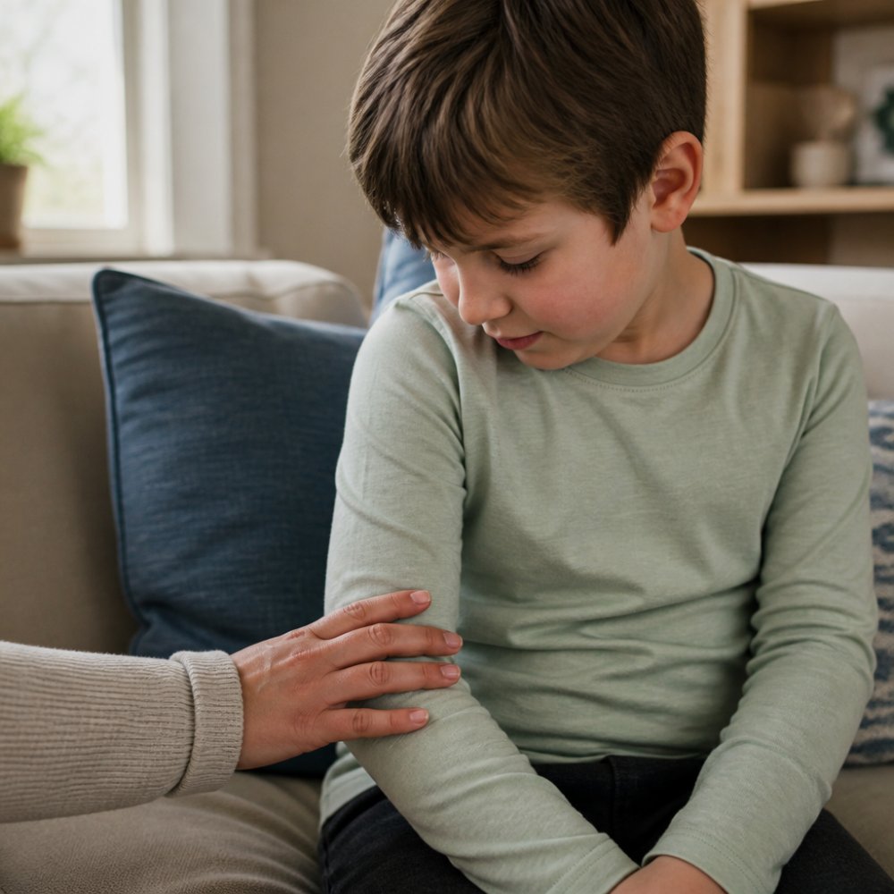 Close-up of a parent's hand gently resting on a child's arm wearing a soft bamboo fabric sleeve, warm natural light in a cozy living room