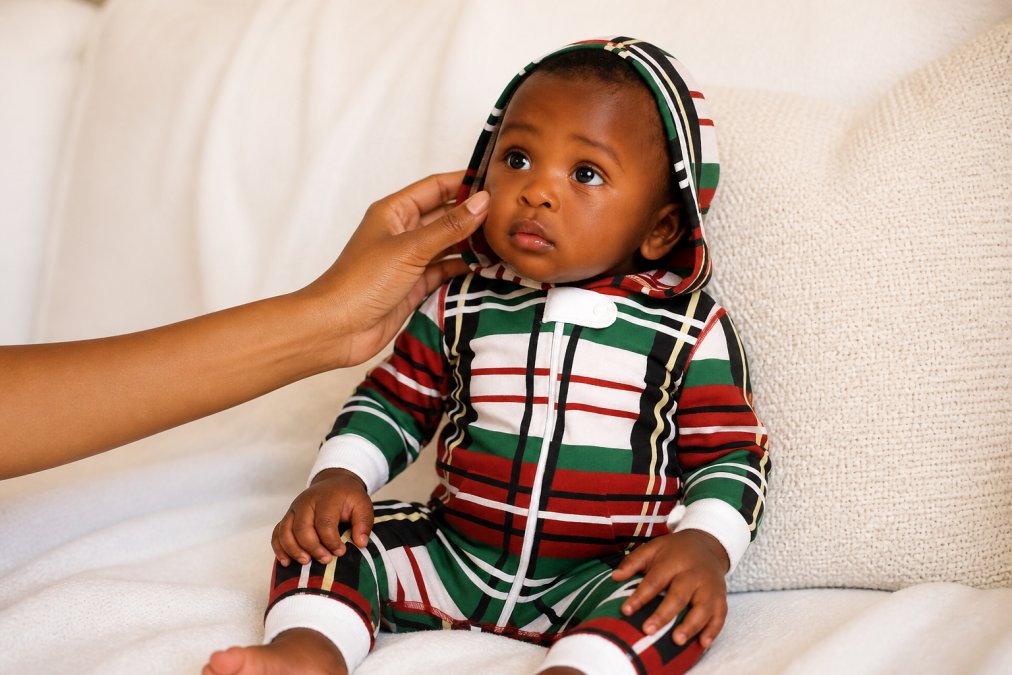 Parent's hand gently touching a baby's soft cheek while the infant wears a cozy cotton onesie, showing the tenderness and comfort of quality fabric against delicate newborn skin in warm natural light