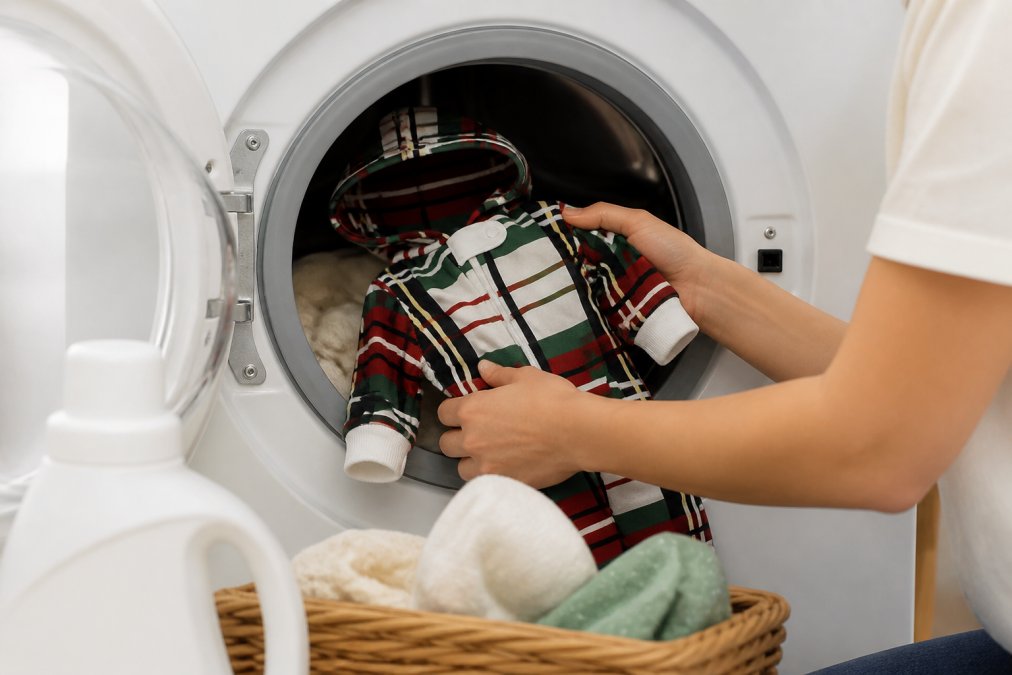 Hands gently placing soft baby clothes into a washing machine with mild detergent, showing the careful, deliberate care required when washing delicate newborn garments