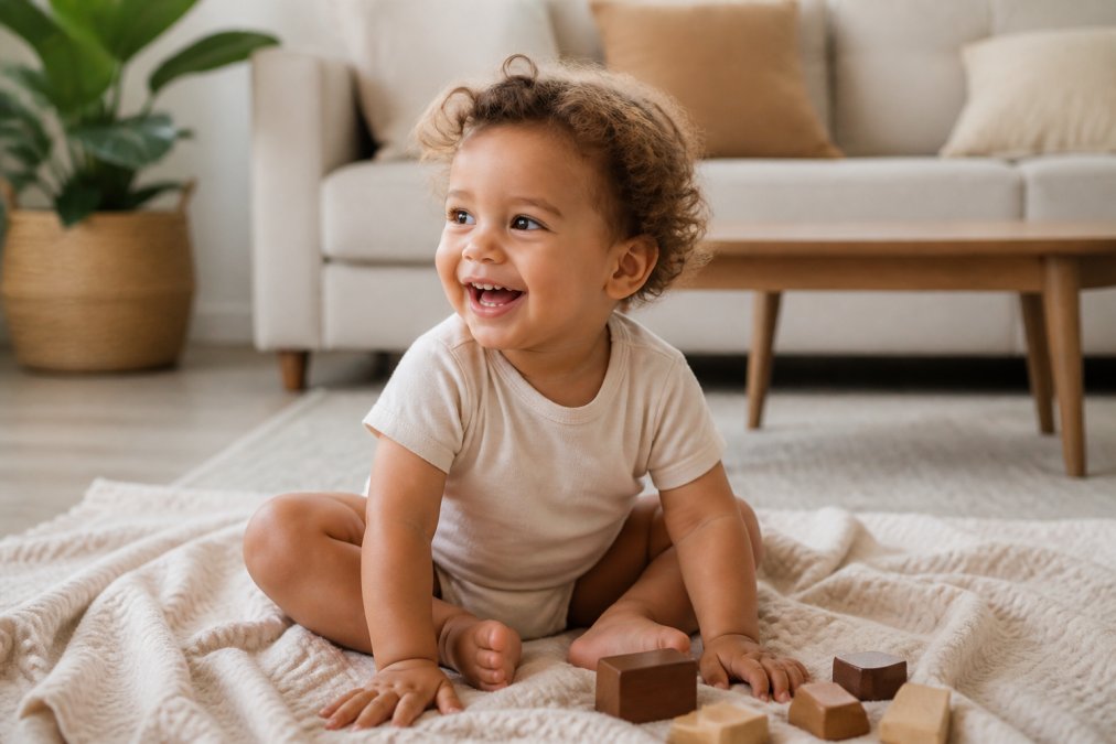 A happy child with sensitive skin wearing a t-shirt made of soft fabrics while playing on a cozy blanket.