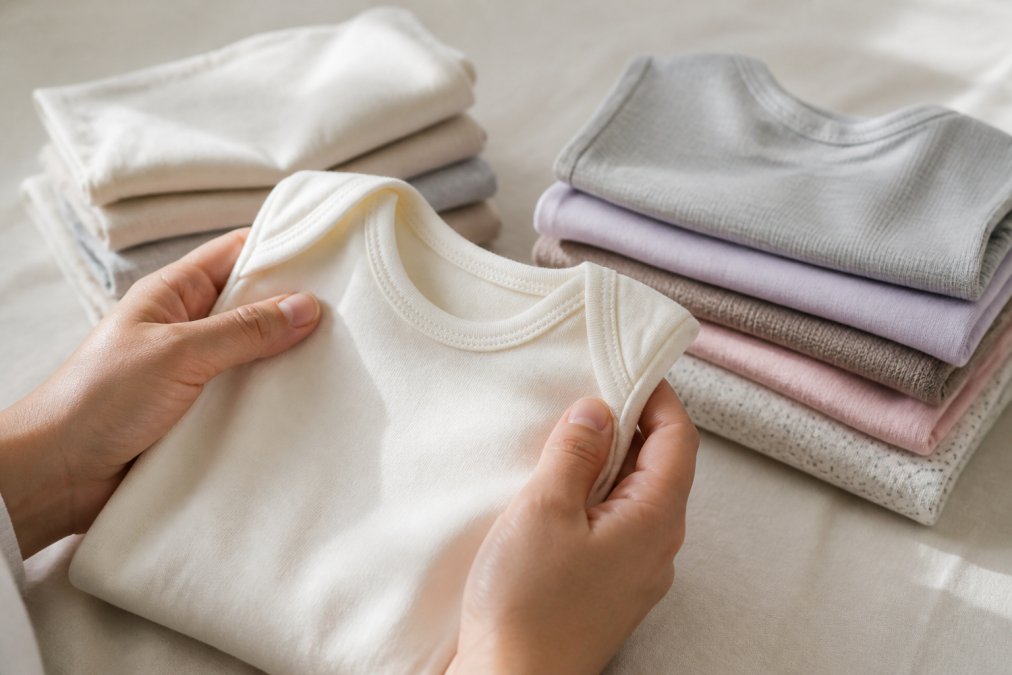 Close-up of a parent's hands gently holding a soft organic cotton baby onesie against a neutral background, with natural light highlighting the fabric texture