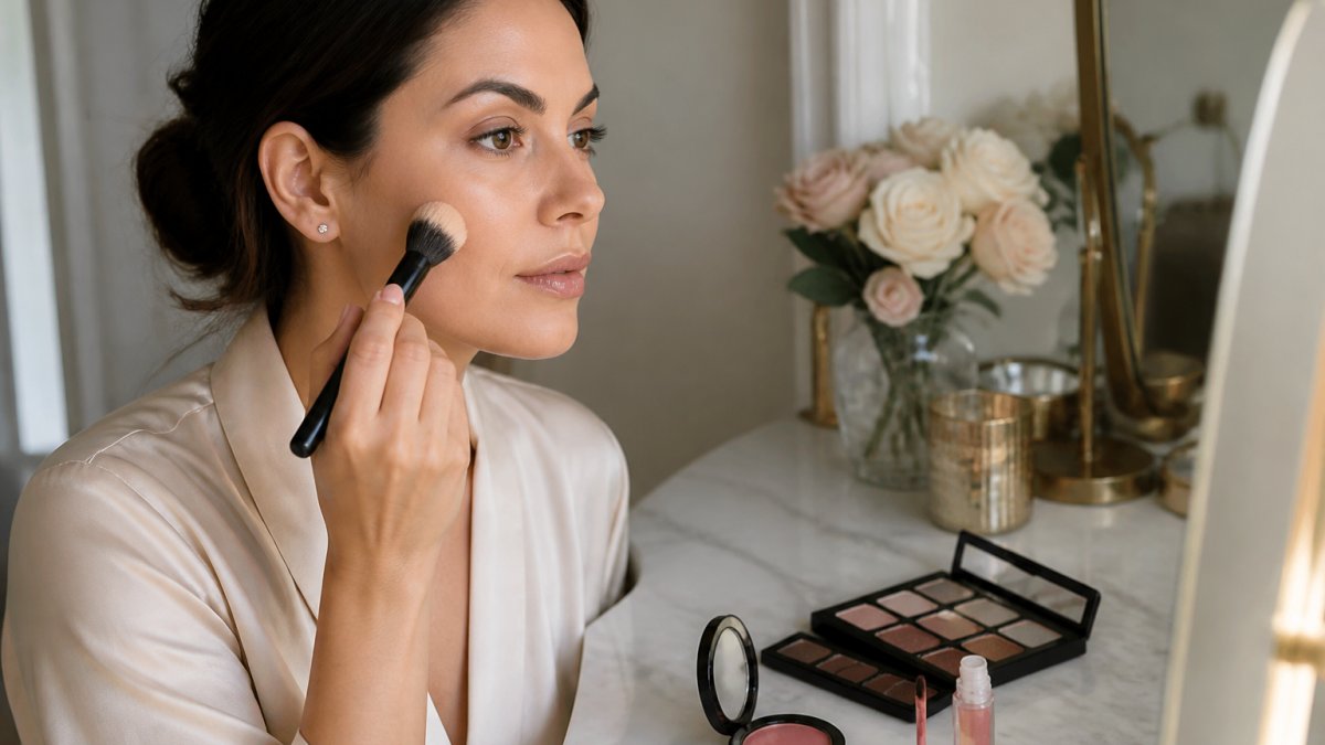 A woman in her thirties applying soft glam makeup at a well-lit vanity, using a foundation brush, with a neutral eyeshadow palette, cream blush, and a glossy lip product arranged on a marble surface