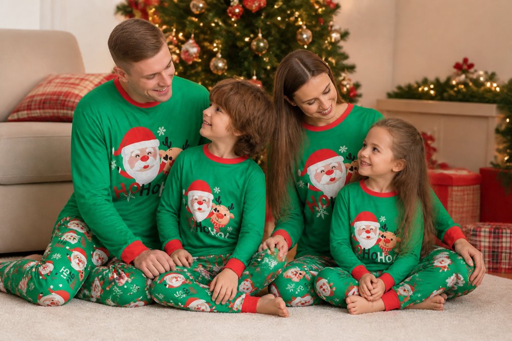 A family of four wearing coordinated matching holiday pajamas posing together for a portrait, warm indoor lighting with twinkling holiday lights and evergreen garland visible in the background