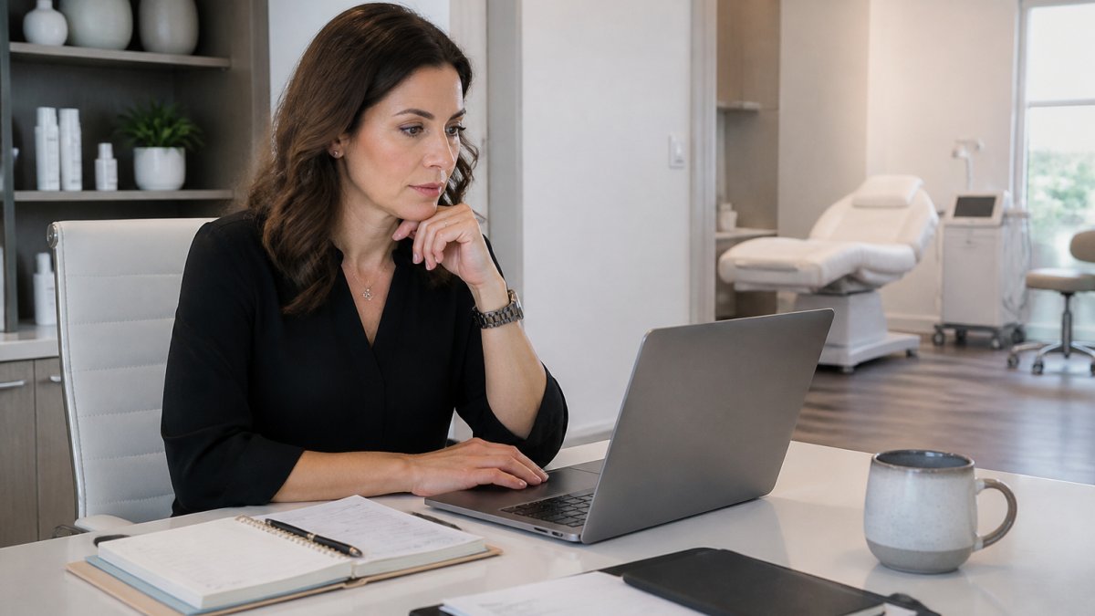 Professional med spa manager reviewing software options on a desktop computer in a modern clinic office, with treatment rooms and aesthetic equipment visible in the background