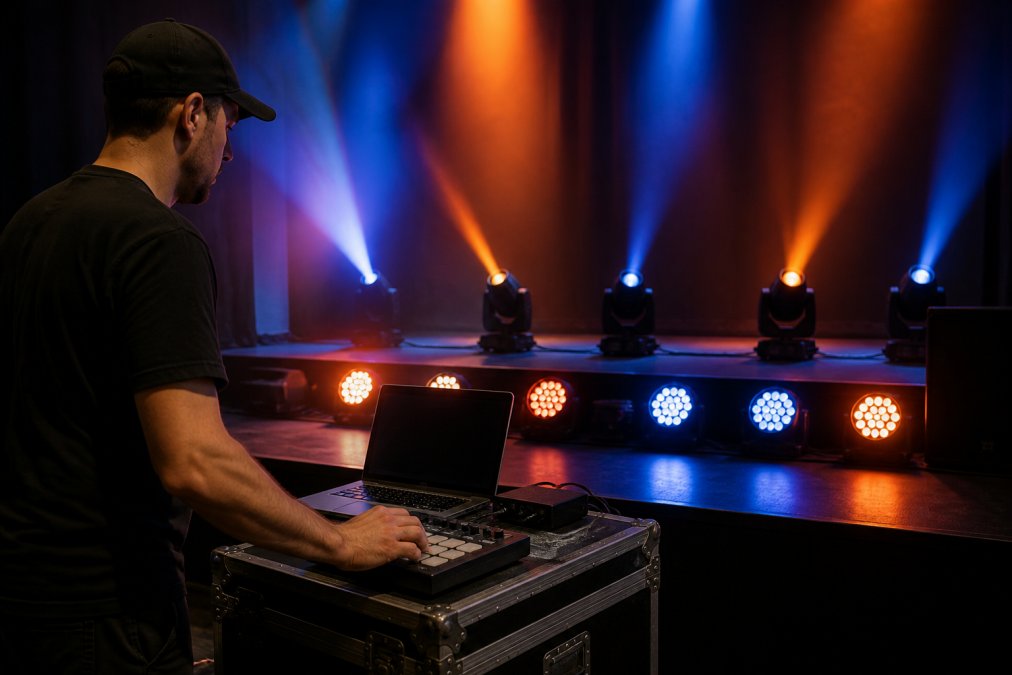 A lighting technician at a small venue standing at a laptop on a road case, one hand on a MIDI pad controller, with moving head fixtures and smart LED wash lights glowing on stage behind him