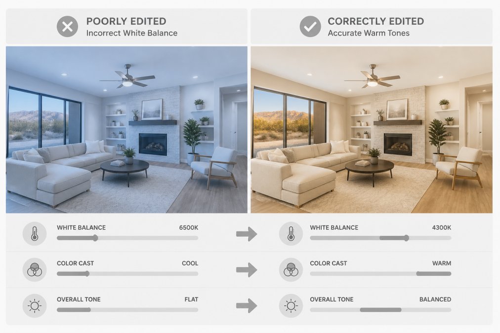 Comparison of real estate photo post-processing showing corrected white balance versus poor color casts.
