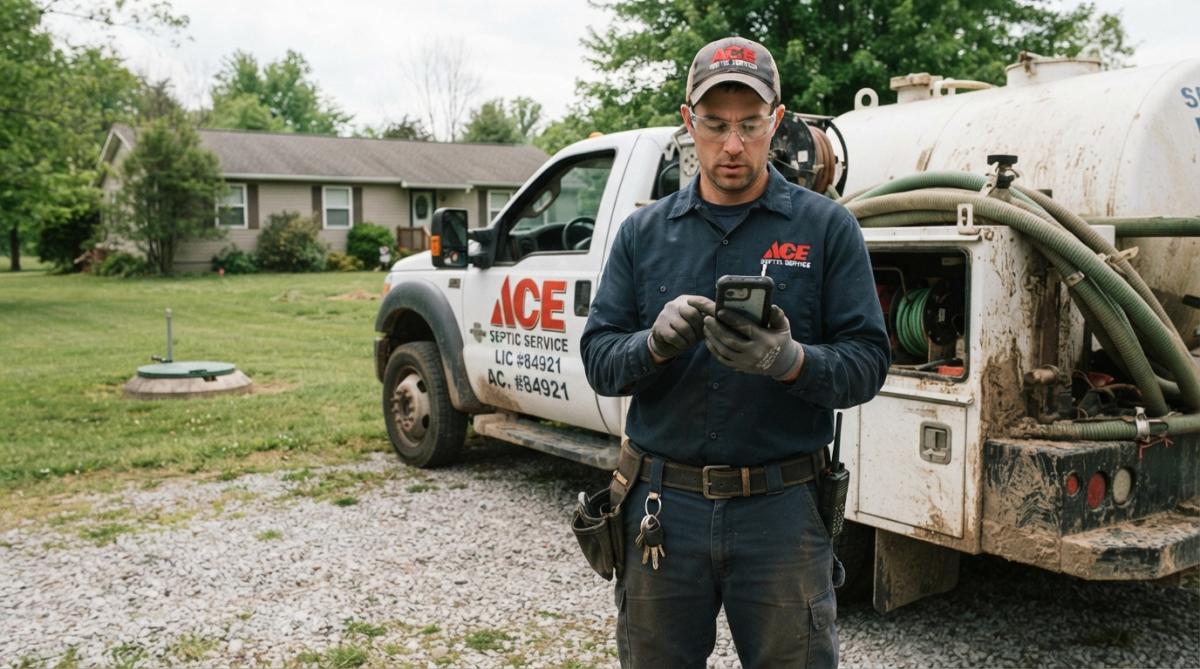 A septic service technician in work attire standing beside a service truck, using a smartphone to view job details and customer information, with a clipboard and inspection tools visible