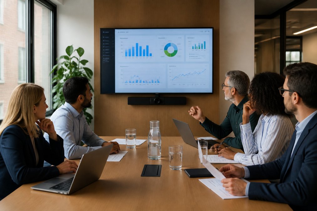 A diverse team of business professionals in a modern UK office meeting room, reviewing workforce data on a laptop and a large screen display in the background with natural daylight