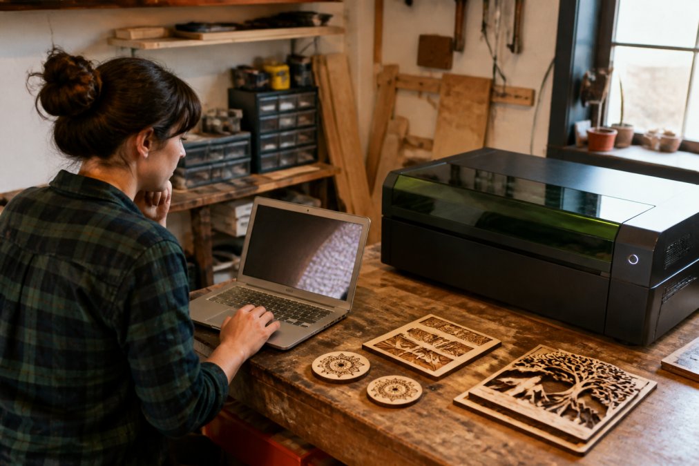 Maker using the best software for xTool Studio users to prepare a laser-cut design next to their machine.