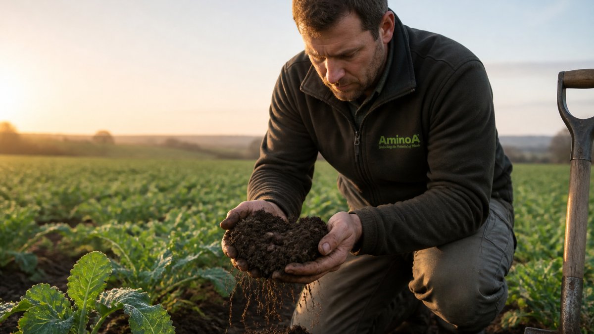 A farmer kneeling in a field, examining a handful of dark, crumbly soil with visible earthworm activity and root structures, soft morning light