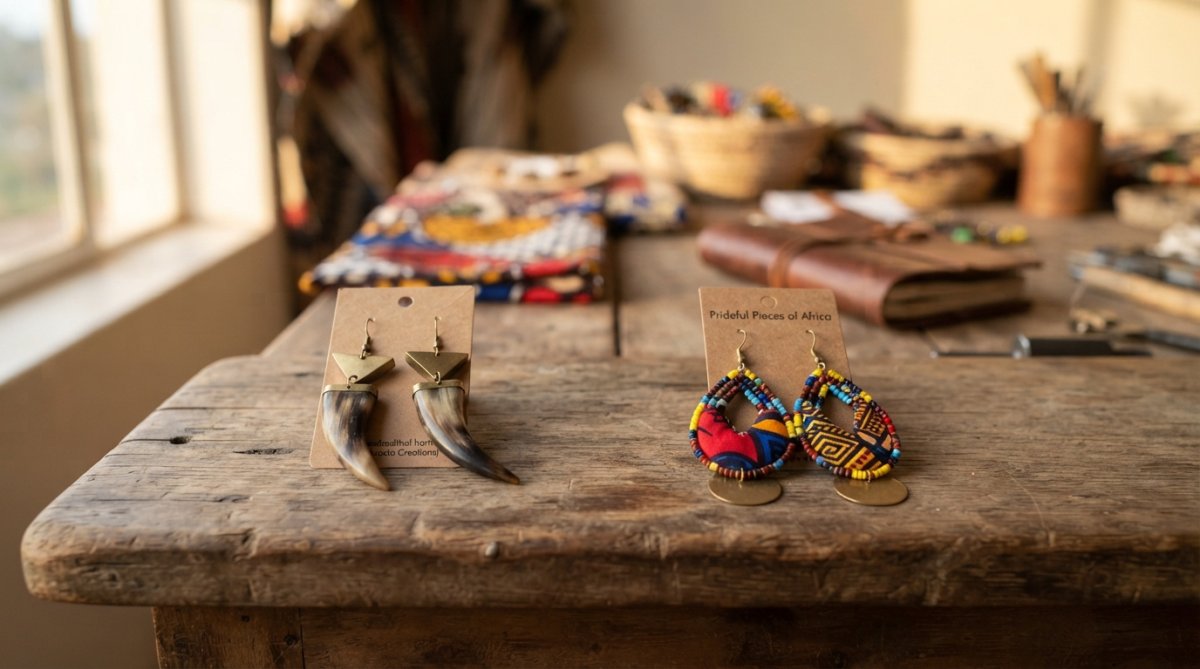 Flat lay of diverse African fashion items, beaded jewelry, Ankara fabric clothing, and traditional accessories, arranged on natural wooden surface with soft golden hour lighting