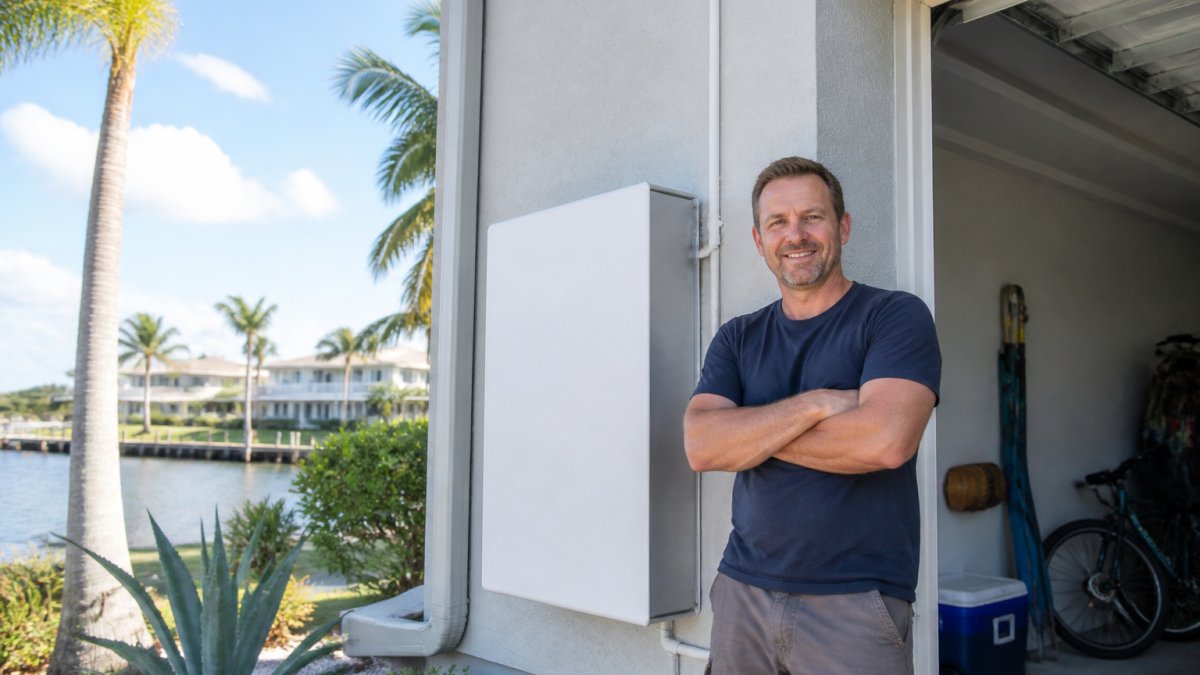 Homeowner standing next to installed battery backup system mounted on garage wall in coastal home, showing compact white battery unit in afternoon sunlight