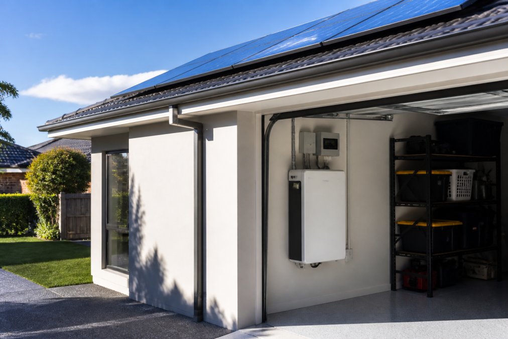 A modern single-storey Australian home with a white wall-mounted solar battery unit installed inside an open garage, rooftop solar panels visible in bright afternoon sunlight above