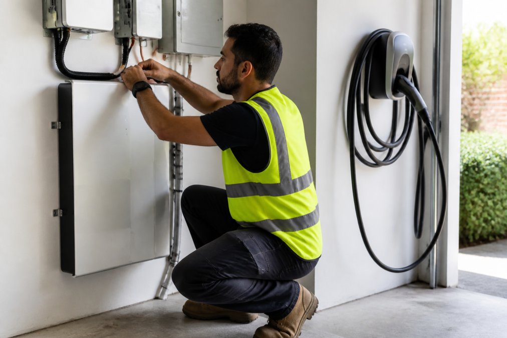 A CEC-accredited installer wearing a high-visibility vest connecting wiring on a white residential solar battery unit mounted inside a garage wall, with an EV charging cable coiled nearby on a concrete floor