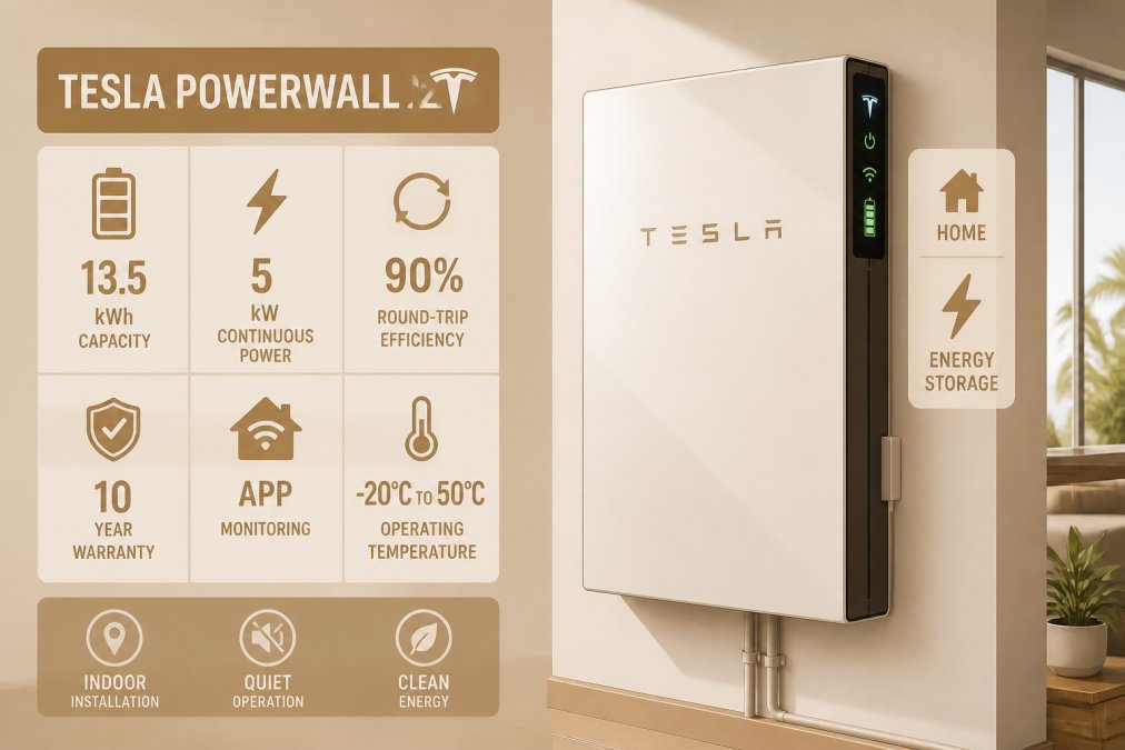 Sleek modern Tesla Powerwall 2 battery unit mounted on interior home wall in bright natural light, showing the illuminated display panel and professional installation