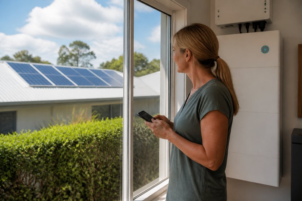 Homeowner monitoring solar battery system and grid status on smartphone app, with sunny residential rooftop and solar panels visible through window in bright natural light