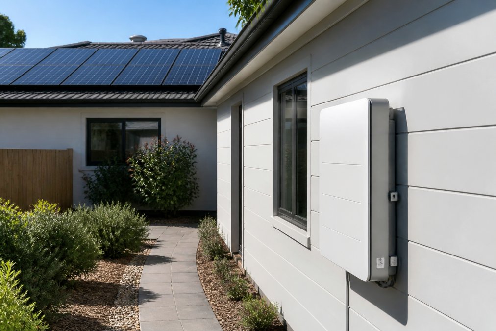 Residential rooftop with solar panels installed under bright sunlight, with a battery storage unit mounted on the external wall of a modern suburban home
