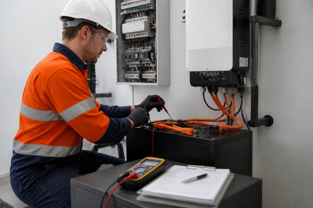 Qualified electrician in safety gear inspecting and connecting a solar battery system indoors, with compliance documentation and testing equipment visible
