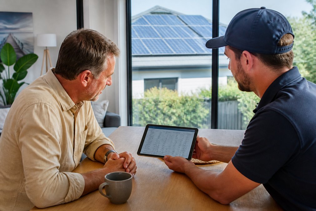 Homeowner and installer reviewing a solar battery storage comparison chart on a tablet in a modern home