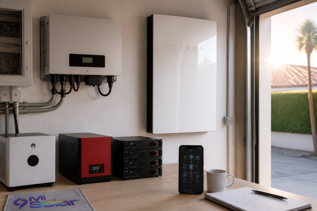 A sleek white Tesla Powerwall unit mounted on a garage wall beside a solar inverter, with a smartphone on a workbench showing an energy flow screen and afternoon light through the door