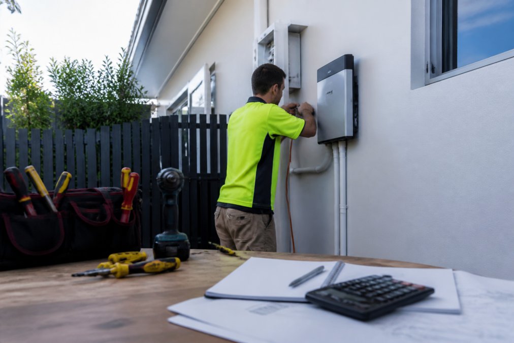 Licensed electrician in high-visibility work shirt installing a battery storage unit on a residential wall, with installation tools visible on a nearby workbench and electrical conduit being routed, afternoon natural lighting