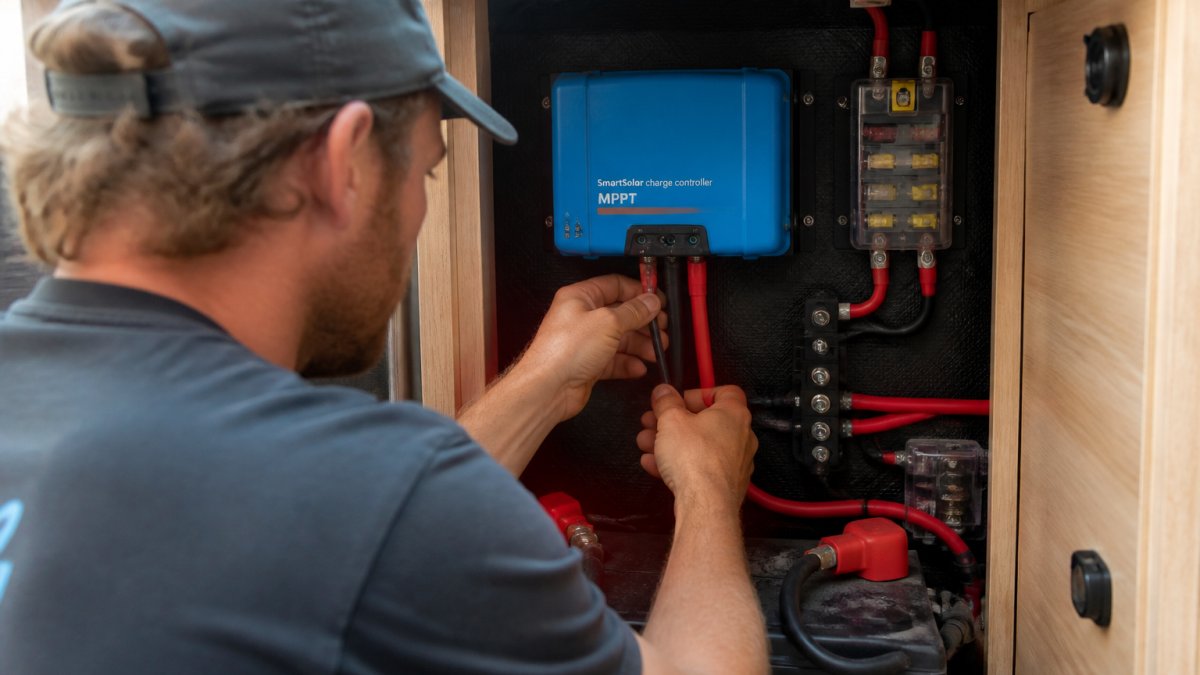 Technician wiring a Victron MPPT, the best solar charge controller for van life, inside an electrical cabinet.