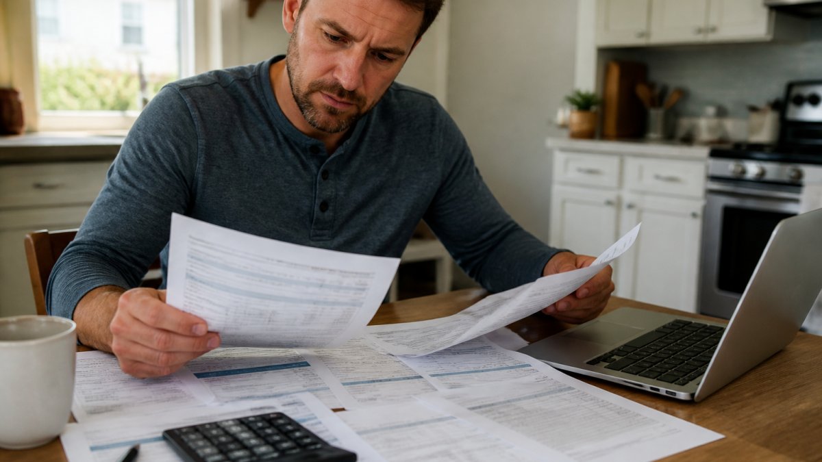 Homeowner reviewing solar installation quotes and documents at a kitchen table with laptop, calculator, and multiple quote papers spread out under natural daylight