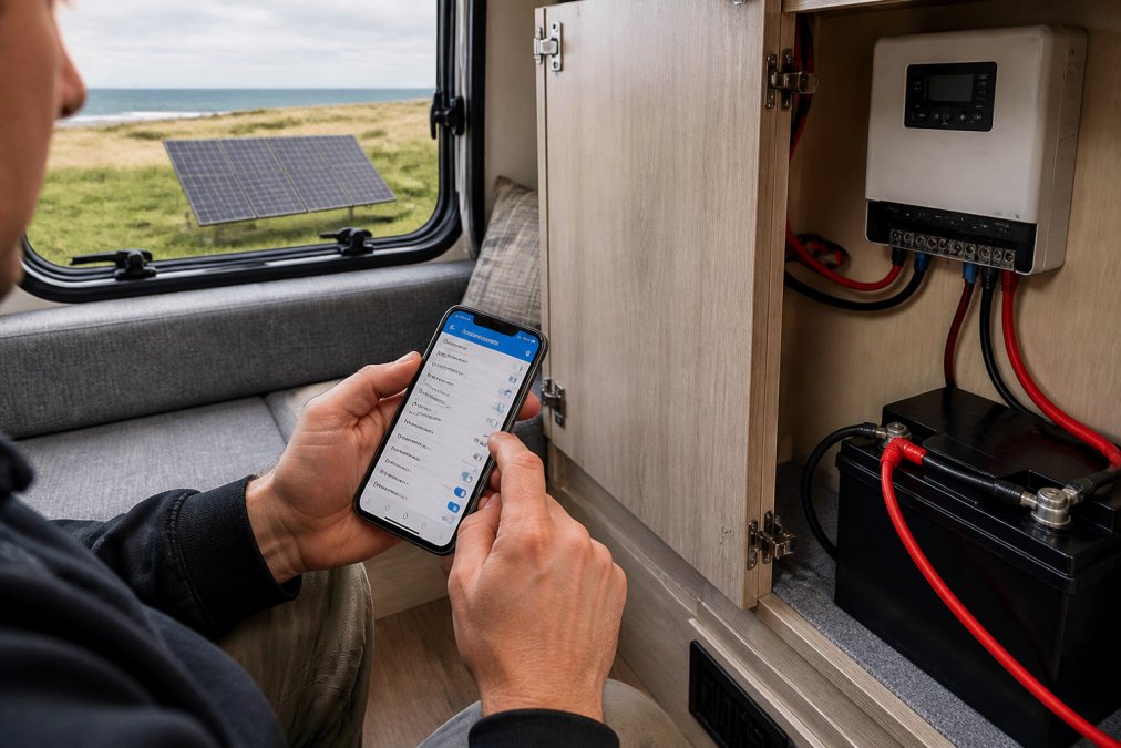 Technician's hands adjusting solar controller settings on a smartphone running the SRNE mobile app, with a 12V lithium battery and solar panels visible in the background through a campervan window