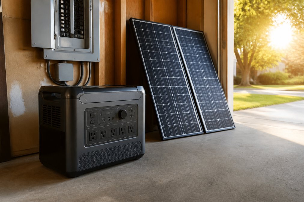 A large portable solar generator unit sitting on a garage floor next to a home electrical panel, with solar panels propped against the wall and sunlight streaming through an open garage door in the background