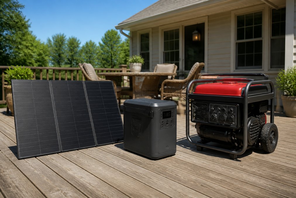 A solar generator with attached solar panels set up on a sunny suburban backyard deck next to a patio table, with a house visible in the background and clear blue sky overhead