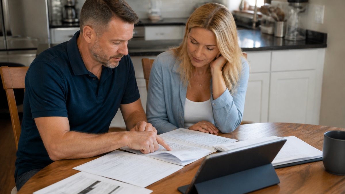 Homeowner reviewing solar installation financing documents and energy savings projections at a kitchen table with tablet showing quotes and loan terms