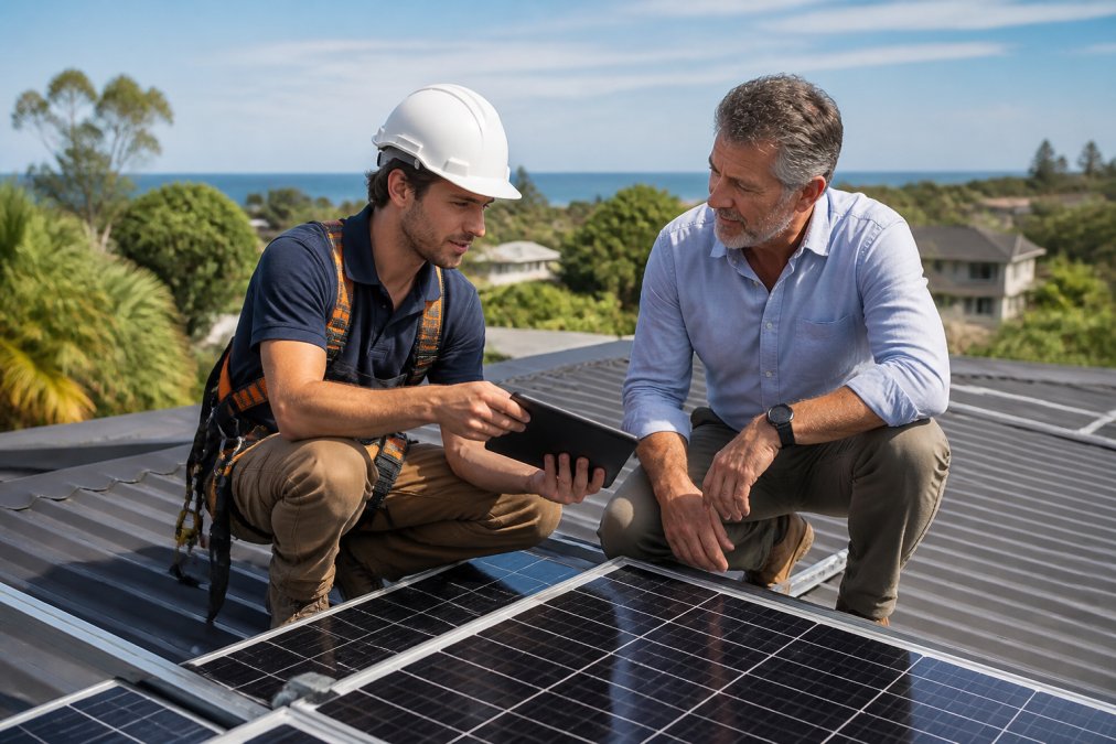 Professional solar technician meeting with homeowner on residential rooftop, reviewing system design on tablet while examining roof orientation and shading patterns, bright daylight conditions