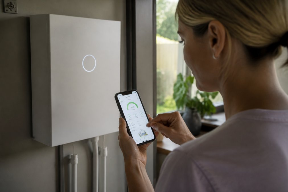 Homeowner viewing solar energy monitoring dashboard on smartphone displaying real-time system performance metrics, energy generation data, and battery storage levels in natural home lighting