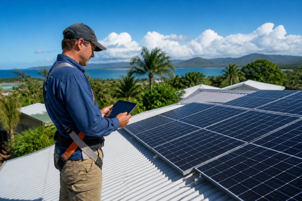 A solar installer in workwear examining a residential rooftop solar array with a tablet in hand, clear tropical sky in the background
