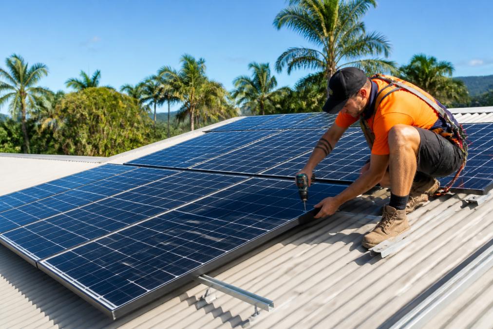 Professional solar installer mounting modern solar panels on pitched residential roof under bright Queensland sunshine with clear blue sky and tropical vegetation visible