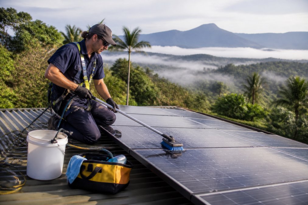 Specialist technician cleaning solar panels with deionised water and soft-bristle equipment on residential roof installation during tropical morning with mist clearing from valley