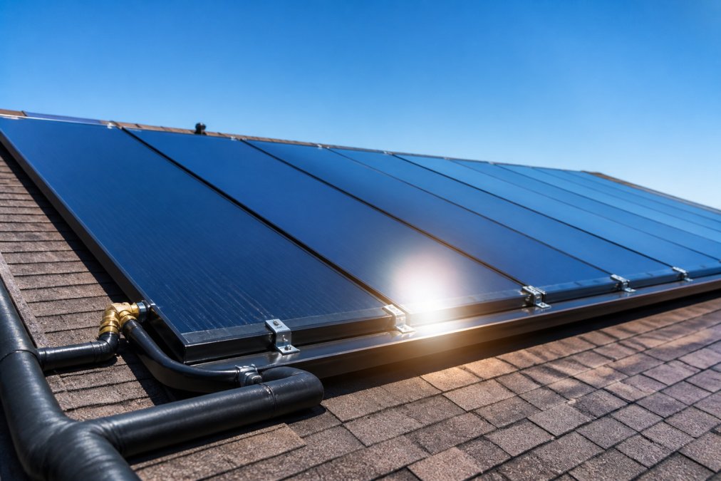 Close-up view of dark blue solar thermal panels mounted on a residential roof, clear blue sky above, sunlight reflecting off the glazed panel surface with visible mounting hardware