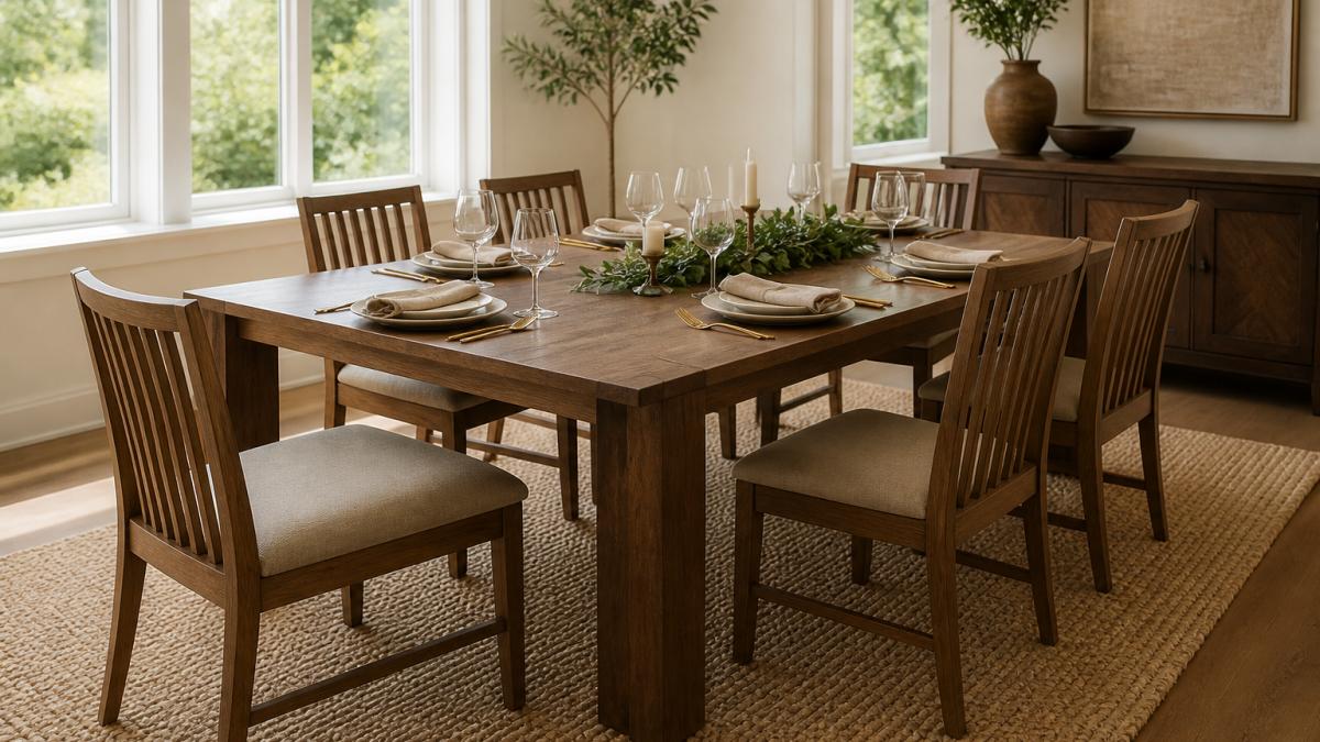 A bright dining room with a solid wood rectangular dining table set for six, natural light streaming through large windows, chairs neatly arranged, warm and inviting atmosphere