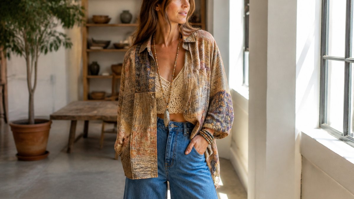 Woman in a layered patchwork blouse and crochet top with wide-leg denim and beaded jewelry standing in sunlight