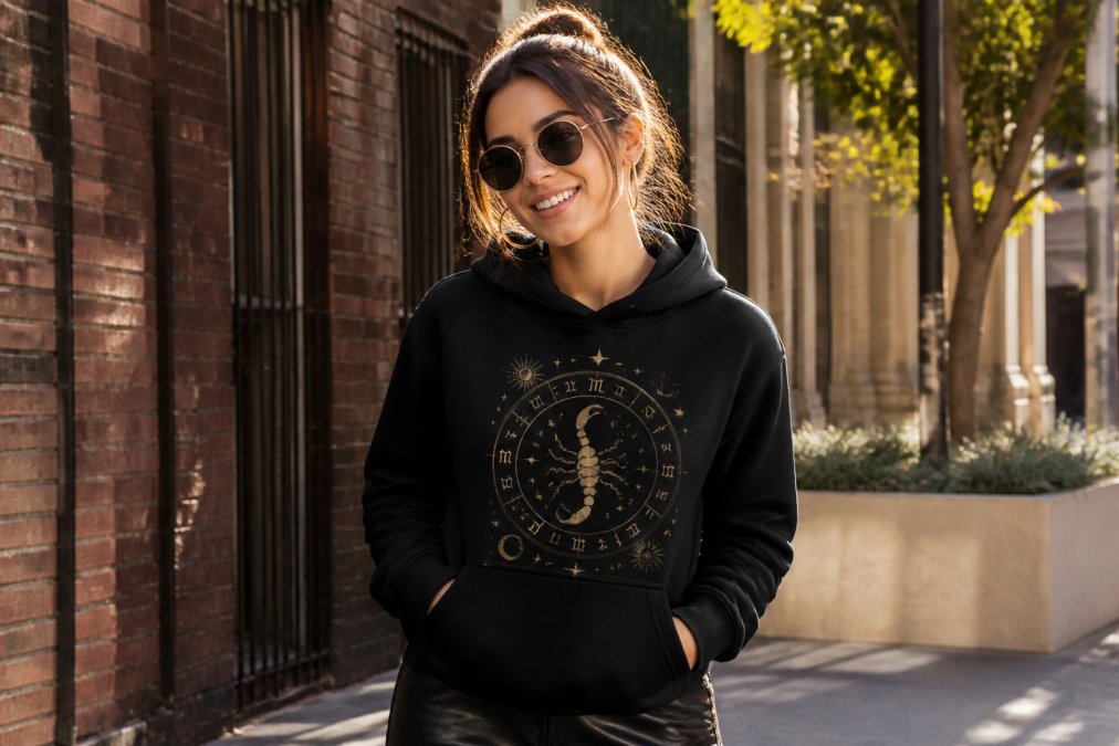 A young woman wearing a black zodiac hoodie with a bold graphic, standing in a sunlit urban setting, looking confident and stylish