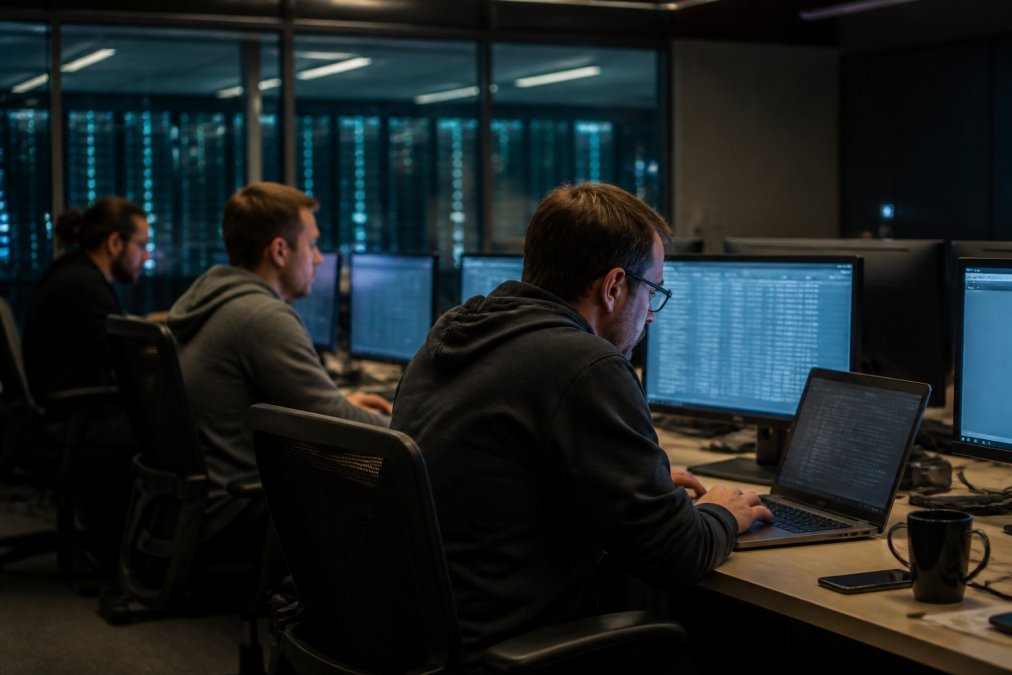 IT team monitoring global cybersecurity threats in a modern operations center, a top choice among SourcePass alternatives.