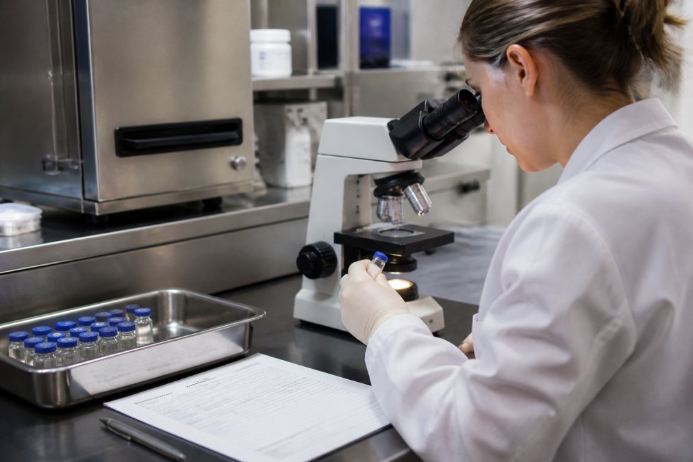 Laboratory technician in white coat examining peptide vials under bright microscope lighting, with a Certificate of Analysis document and test results visible on the workbench beside stainless steel equipment
