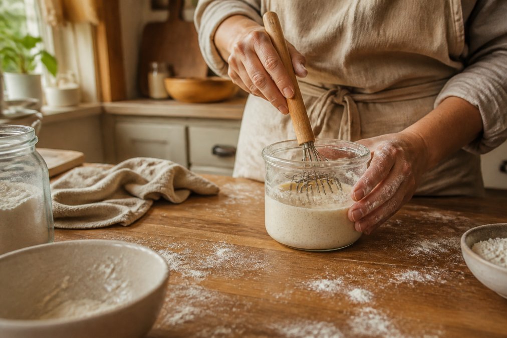 Baker stirring sourdough starter in a glass jar with a Danish dough whisk on a wooden kitchen counter